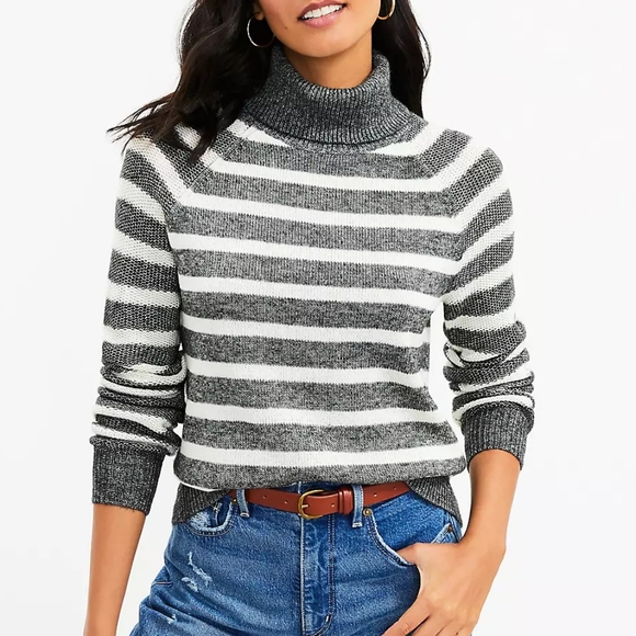 LOFT Striped Stitchy Turtleneck Sweater in Charcoal Gray and Cream Size XS - Picture 1 of 15
